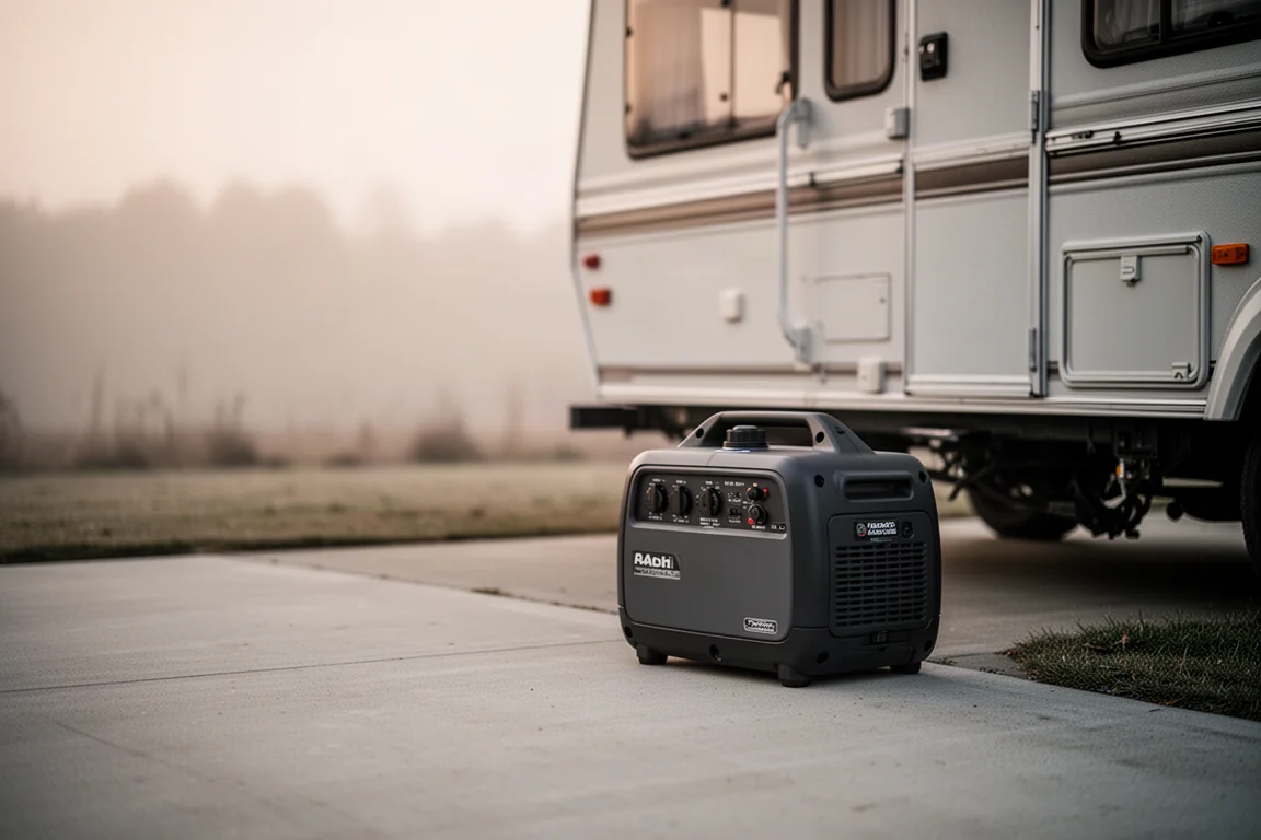 Générateur inverseur portable fonctionnant sur une allée à côté d'un camping-car dans une douce lumière du soir