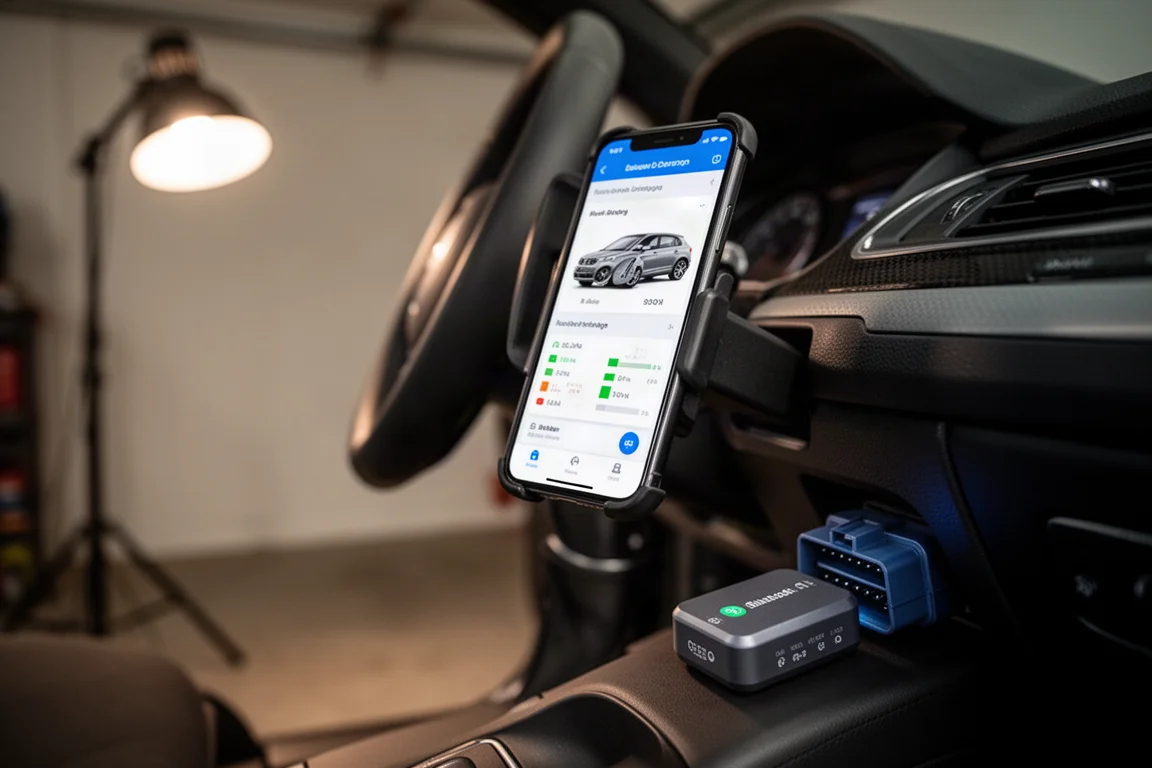 Un mécanicien tenant un téléphone connecté à un scanner OBD2 Bluetooth compact sous un tableau de bord