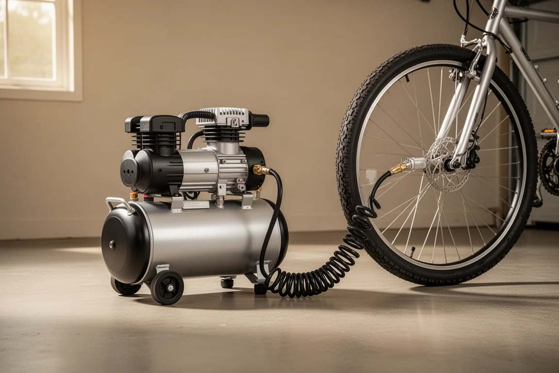 Petit compresseur d'air silencieux gonflant un pneu de vélo dans un garage bien rangé