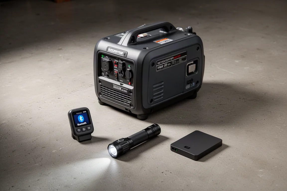 Inverter generator, OBD2 scanner, pocket flashlight, and portable SSD arranged on concrete