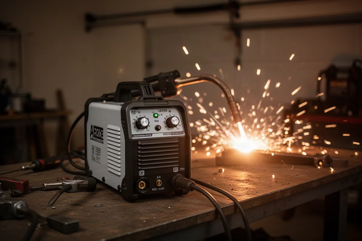 Spawarka elektrodowa w domowym garażu z jasno świecącym łukiem spawalniczym