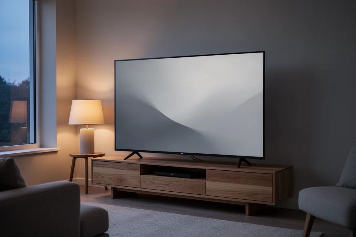 55-calowy smart telewizor 4K zamontowany w przytulnym salonie o miękkim wieczornym świetle