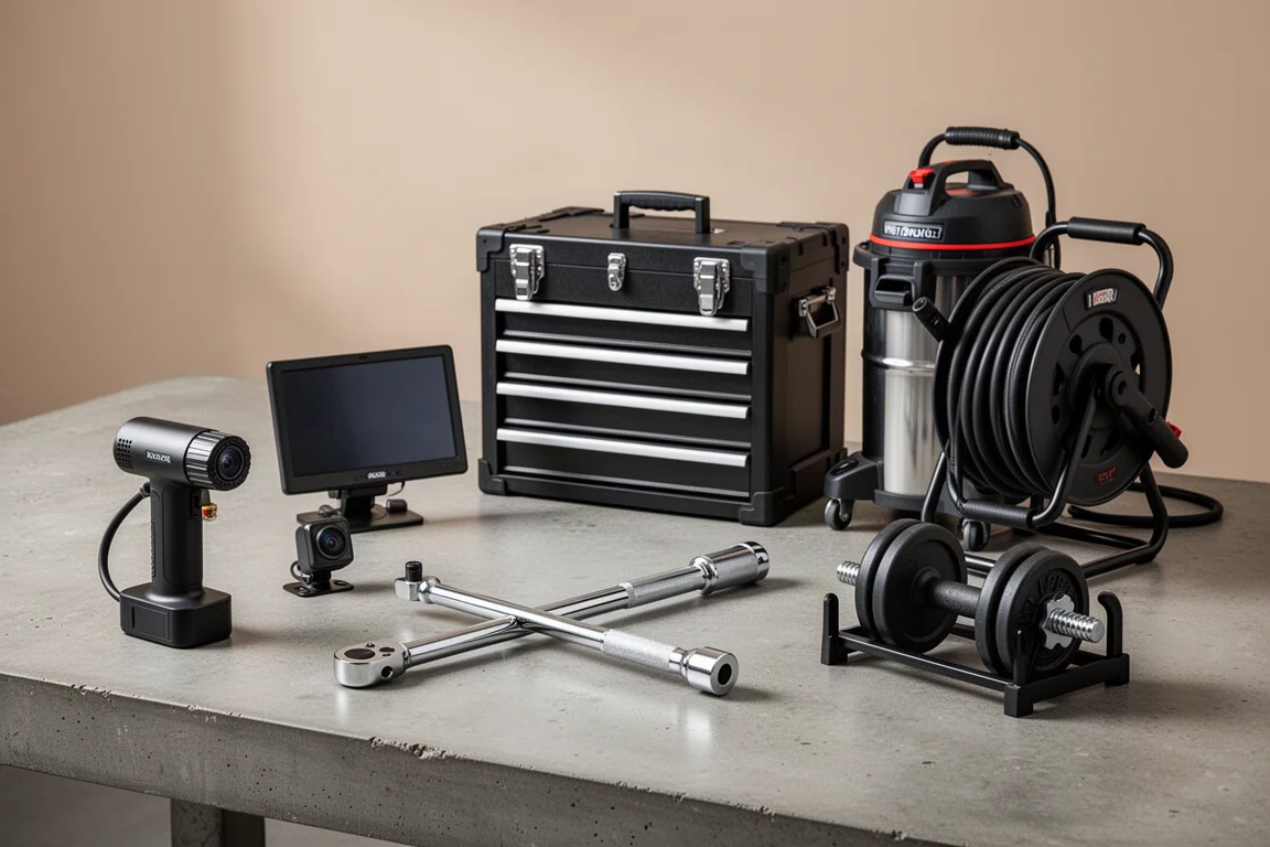 Portable power station, cordless drill and impact driver, folding work table and cordless mower arranged on a concrete surface