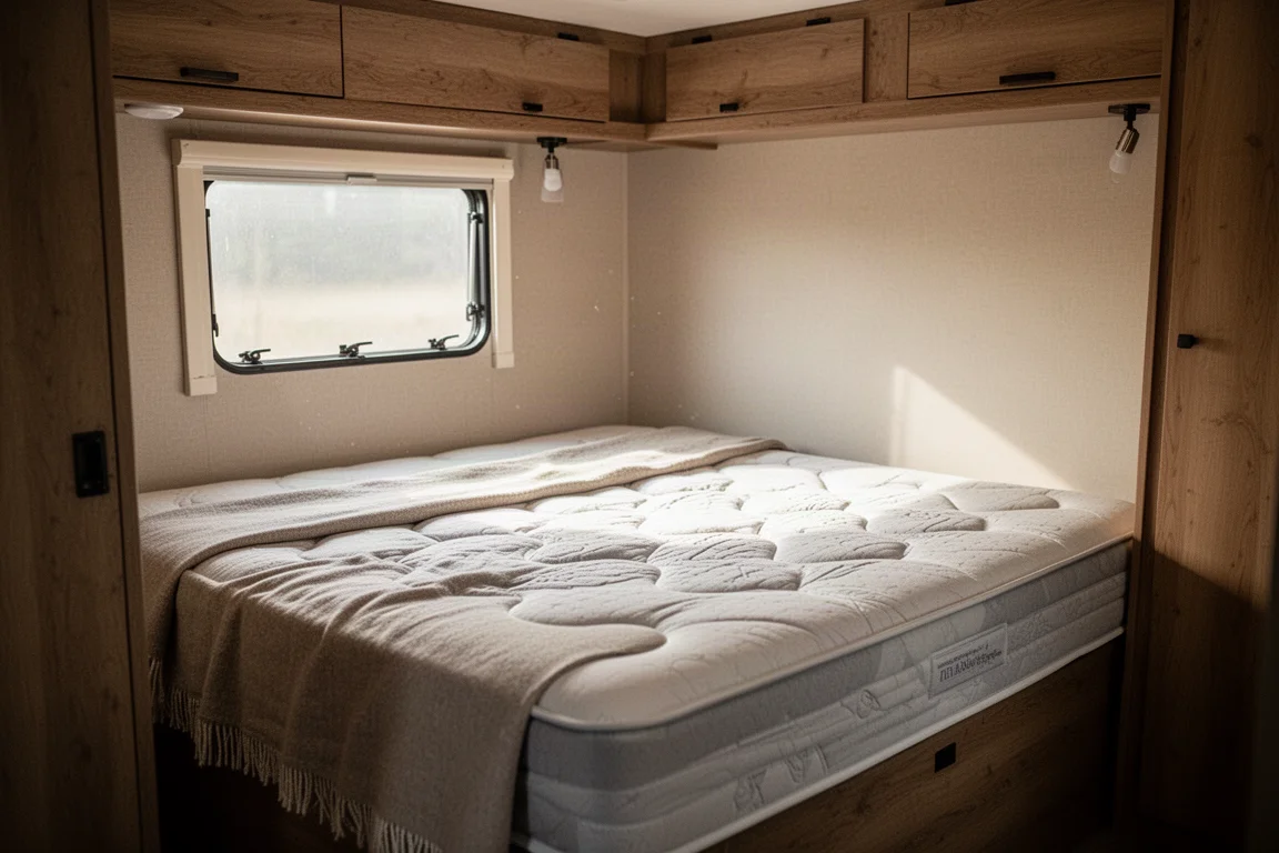 Intérieur d'un camping-car avec un matelas queen-size soigneusement fait et une douce lumière matinale