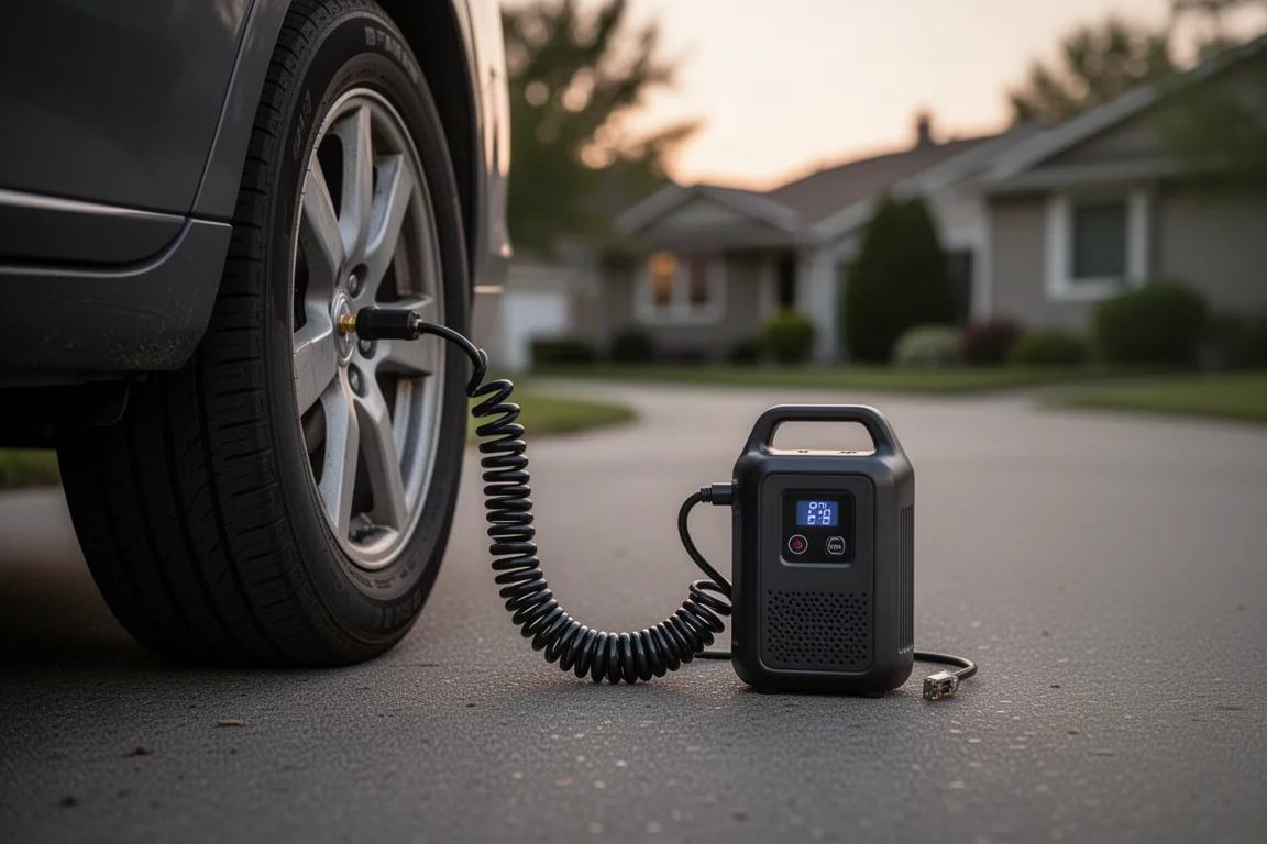 Gonfleur de pneus portable branché sur un pneu de voiture dans une allée au crépuscule