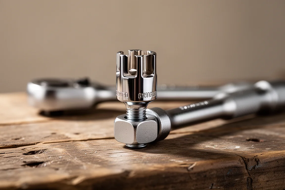 Gros plan sur une douille six pans engagée sur une tête de boulon rouillée