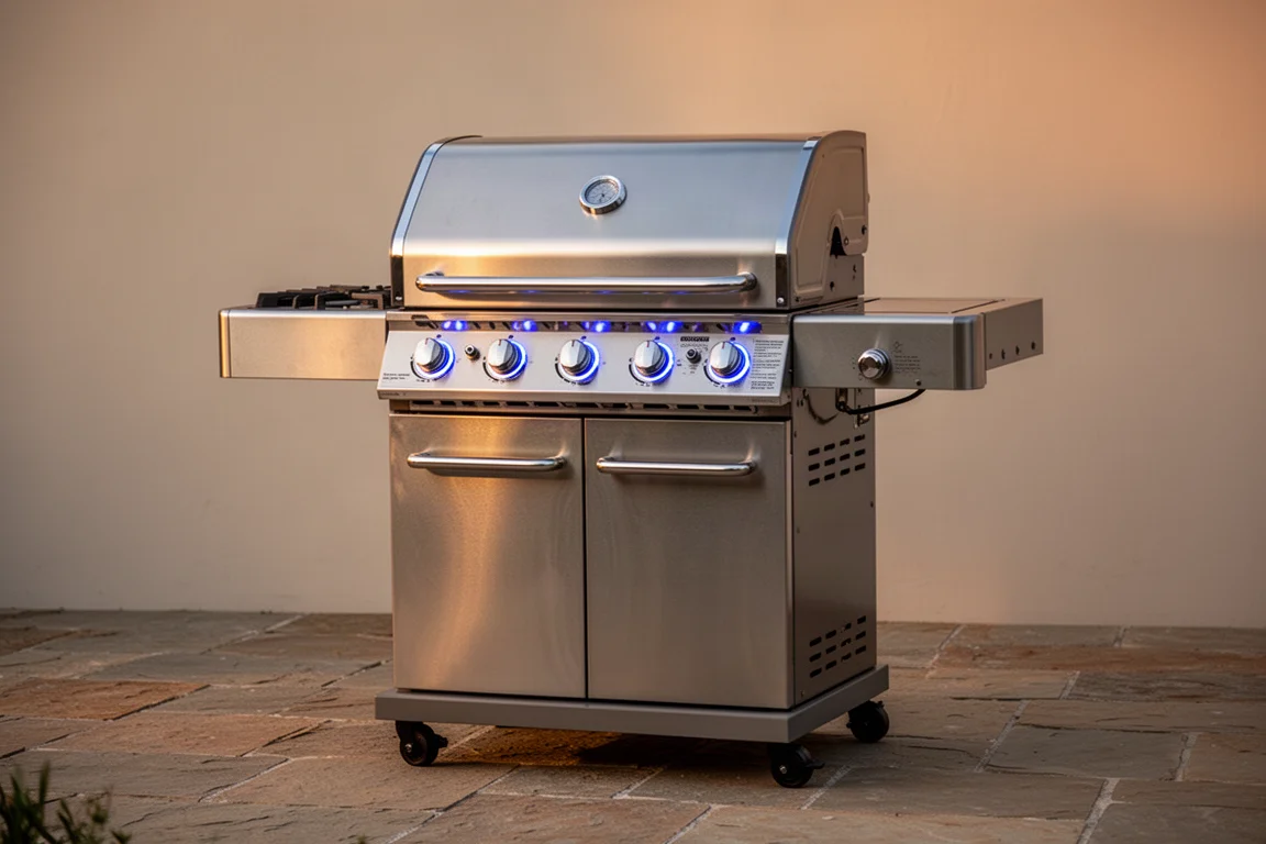 Grill à gaz illuminé sur une terrasse en début de soirée