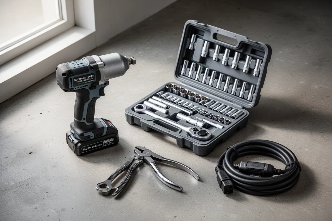 Tool deals flat-lay with impact wrench, socket set, and pliers on concrete