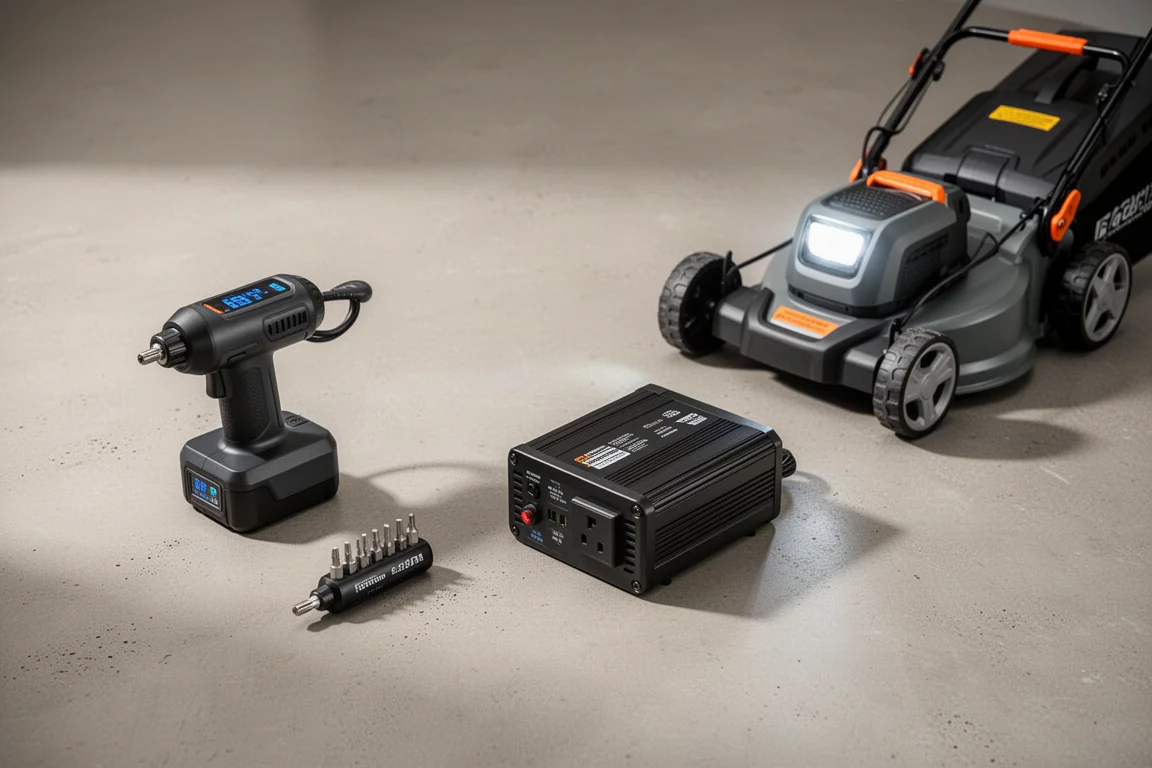 Cordless tiller, drill kit, string trimmer, and hard-sided cooler arranged on concrete