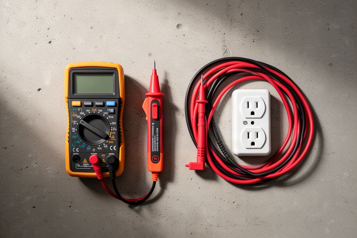 Outils de test électrique domestique disposés sur un établi