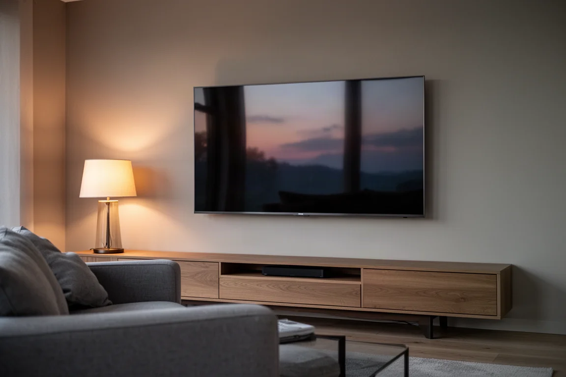 Salon avec un grand téléviseur à écran plat diffusant un film au crépuscule