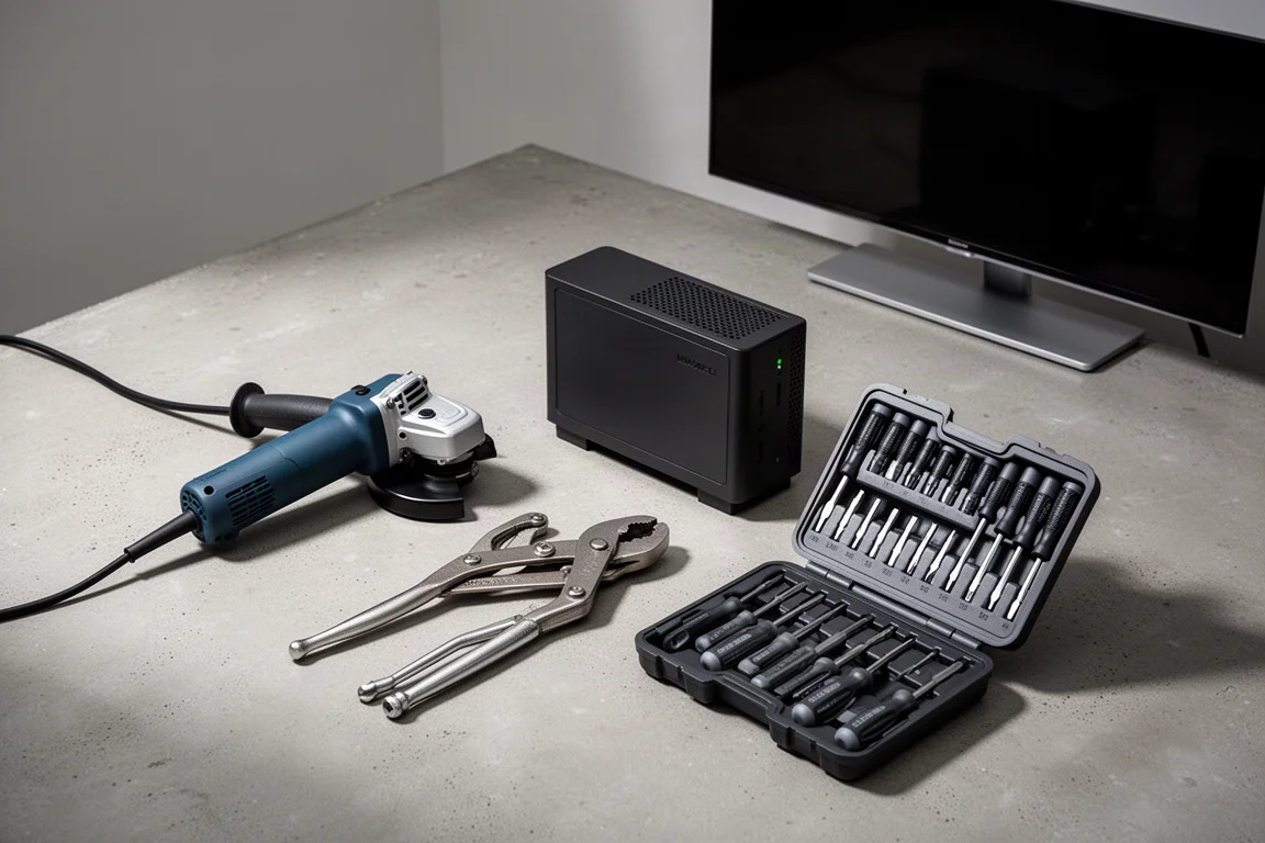 Workshop tools and tech gear arranged on a matte concrete surface