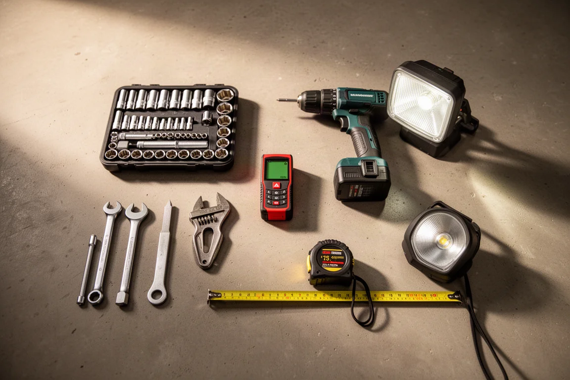 Flat-lay of hand tools and power tools arranged on a workshop floor