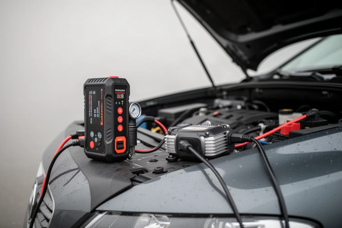 Jump starter and compressor connected to a car battery in soft daylight