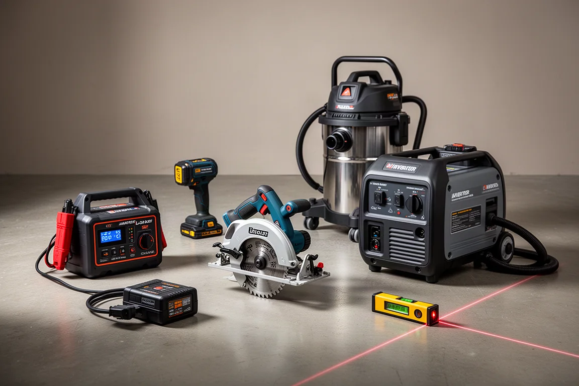 Workshop gear including jump starter, saw, generator and vacuum arranged on concrete