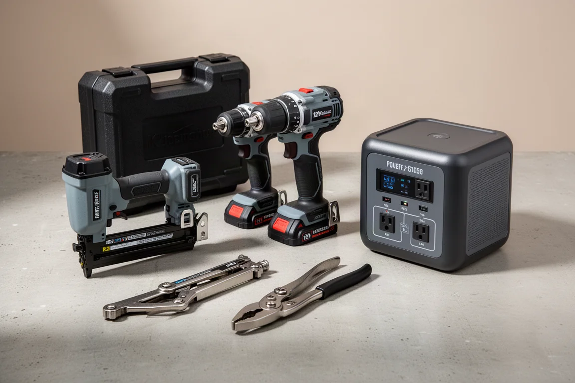 Brad nailer, cordless tools, locking pliers and a power station arranged on concrete