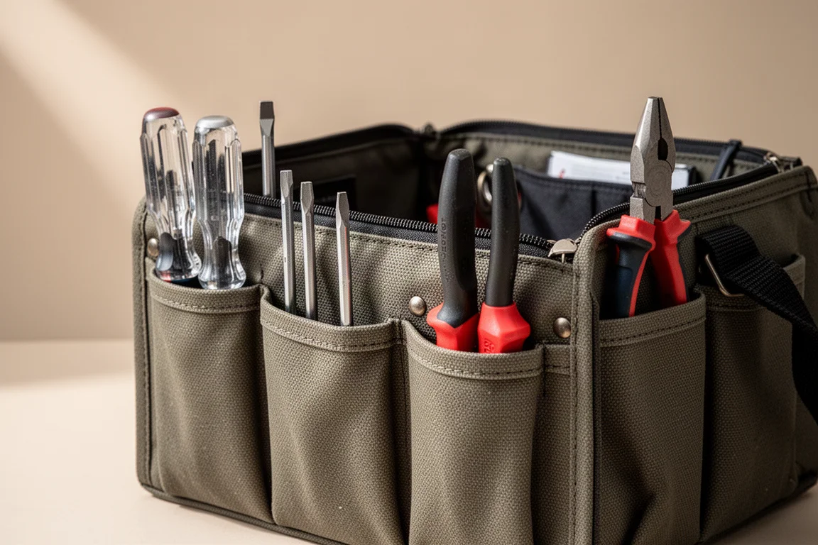 Primissimo piano di una borsa portautensili strutturata con tasche verticali che reggono gli utensili