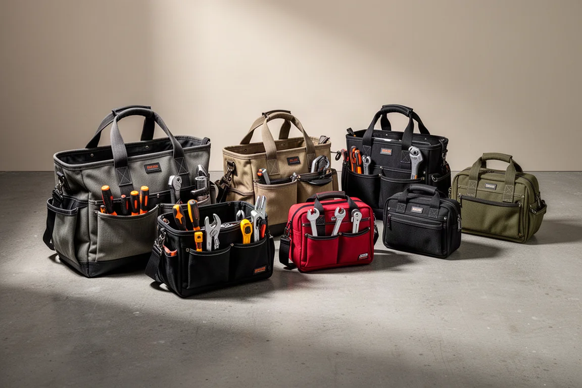 Seven tool bags of various sizes lined up on a concrete workshop floor