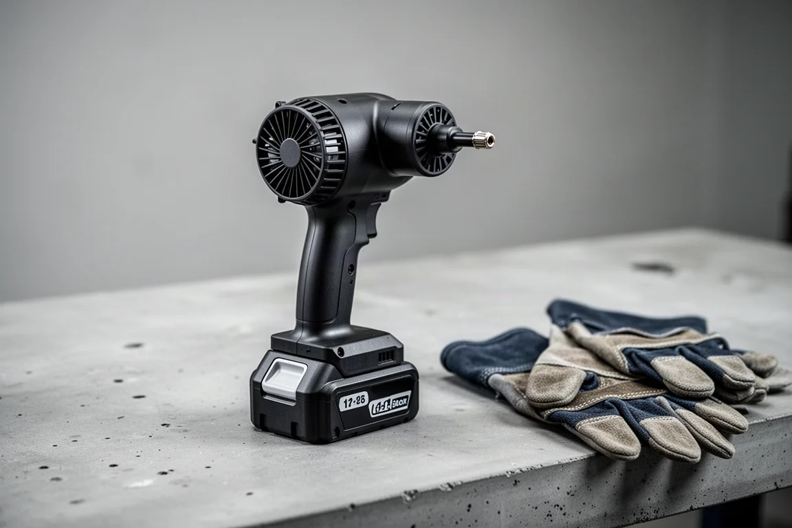 Handheld air duster with a tool battery adapter attached, resting on a workbench
