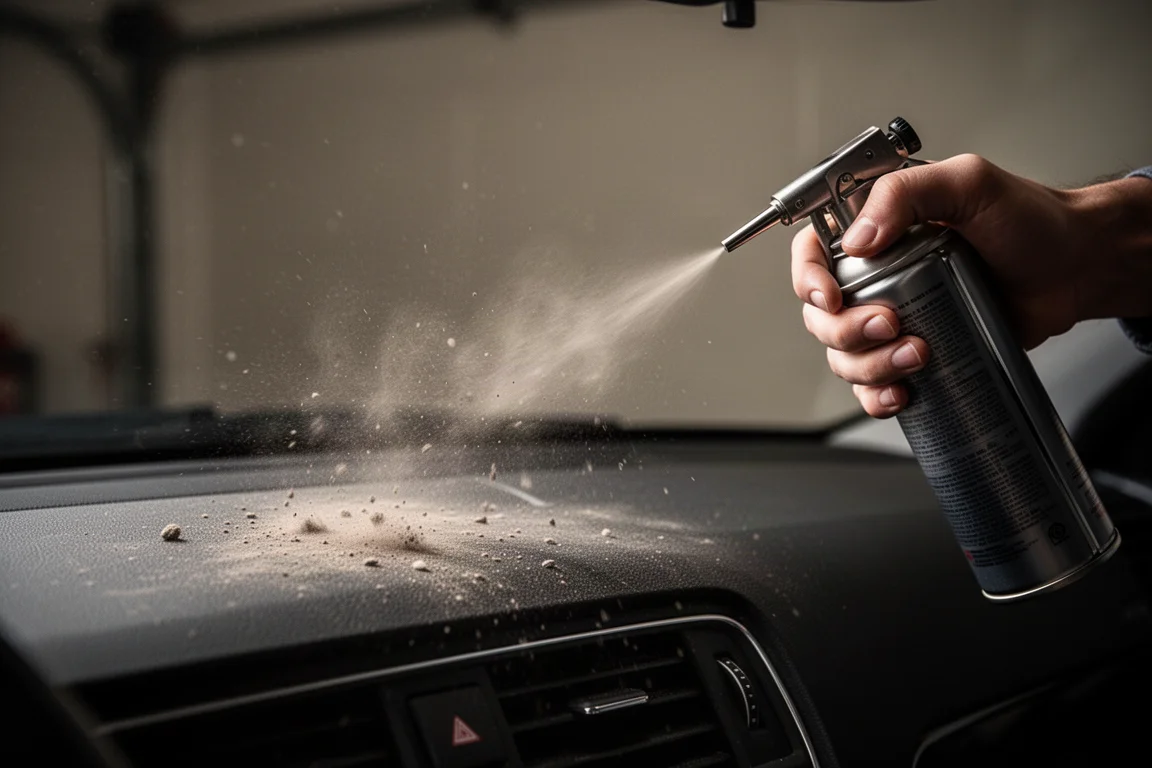 Air duster nozzle blowing dust off a car interior dashboard