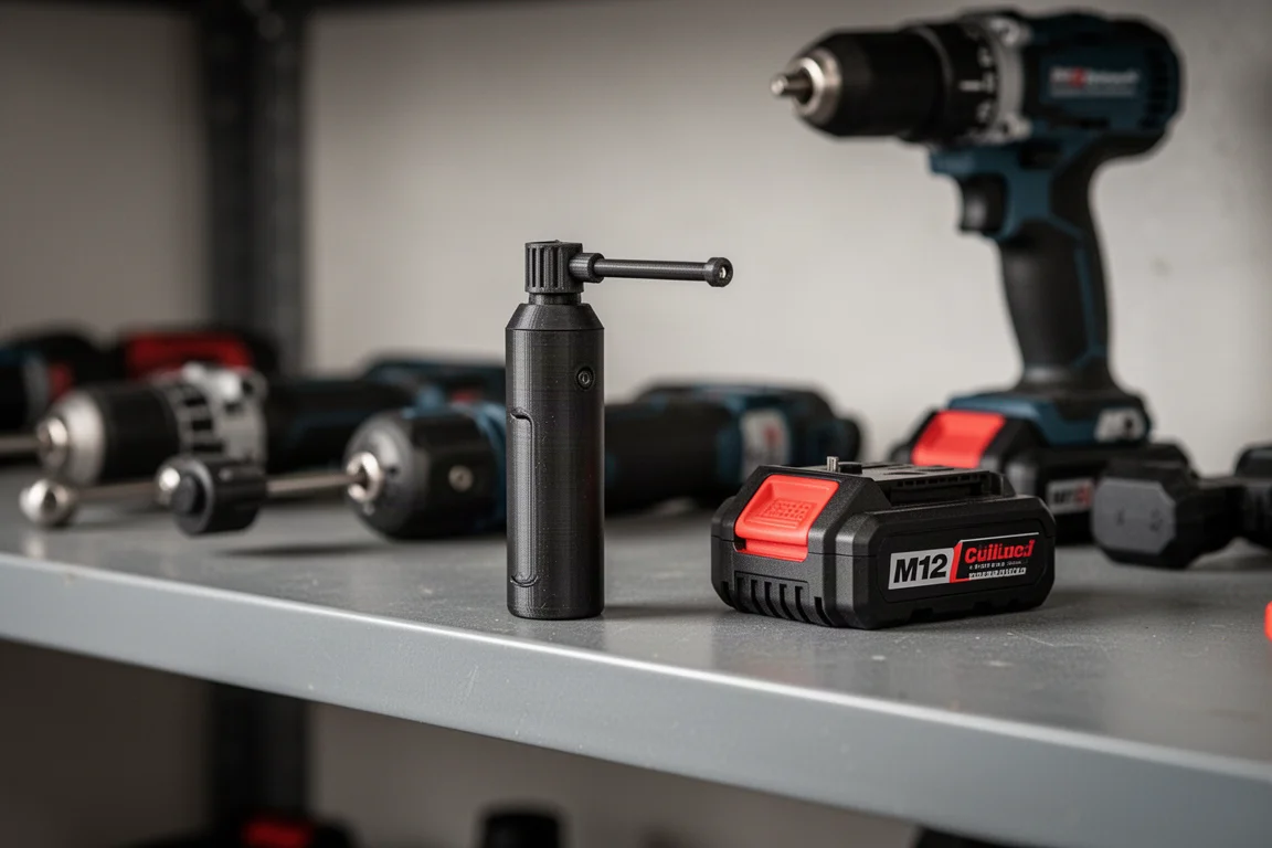 Small compact air duster held beside a car wheel showing its tiny form factor