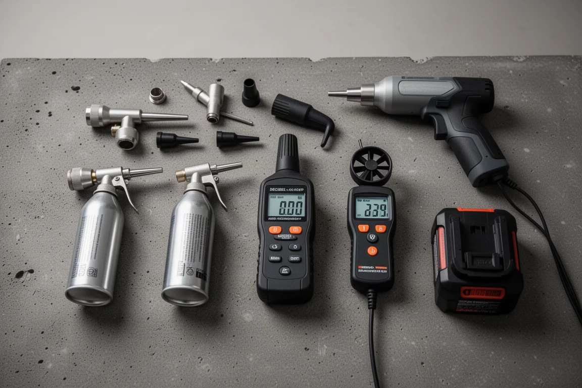Workshop bench with dusters, nozzles, and a decibel meter during testing