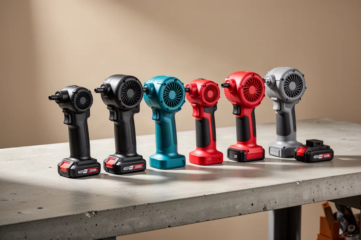 Six handheld battery-powered air dusters lined up on a concrete workshop bench