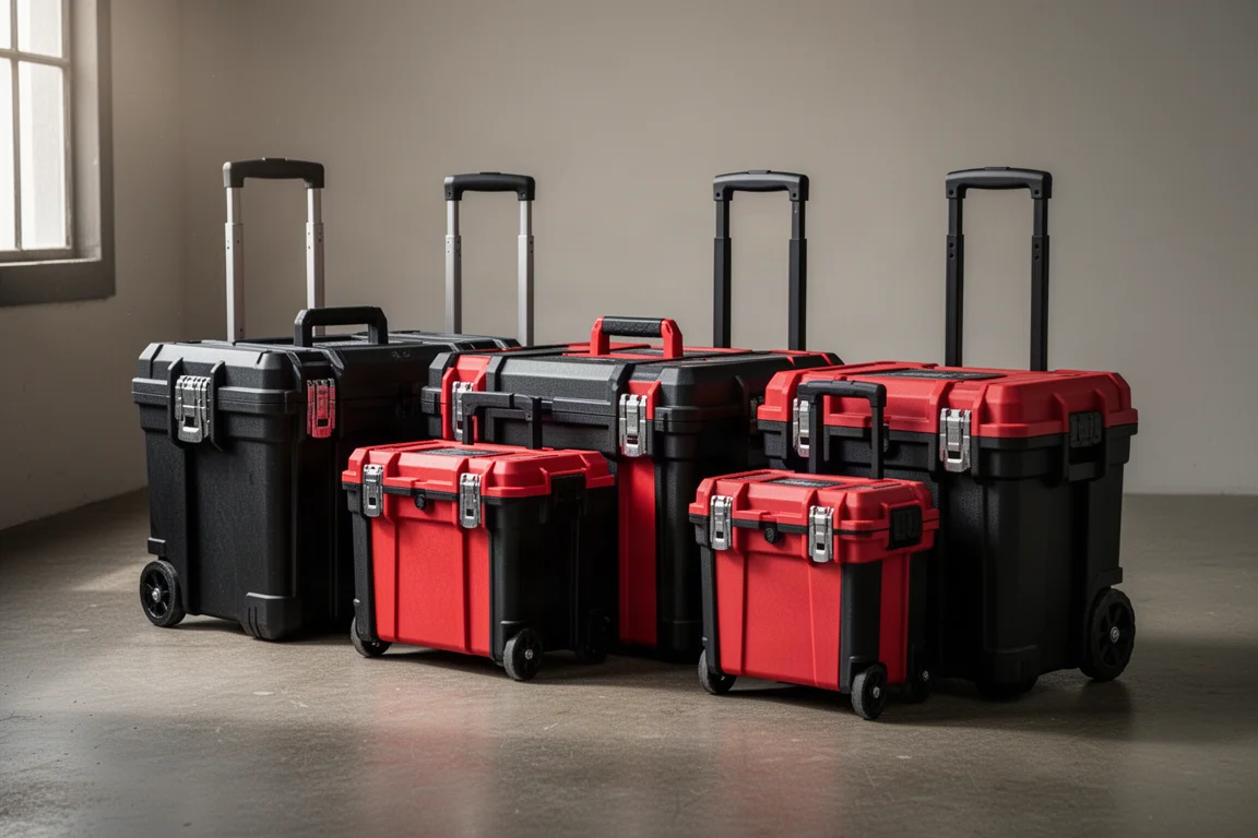 Four rolling tool boxes lined up on a concrete workshop floor