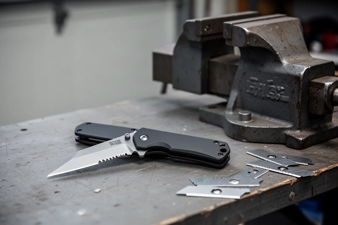 Couteau pliant Tanto robuste serré dans un étau sur un établi de garage