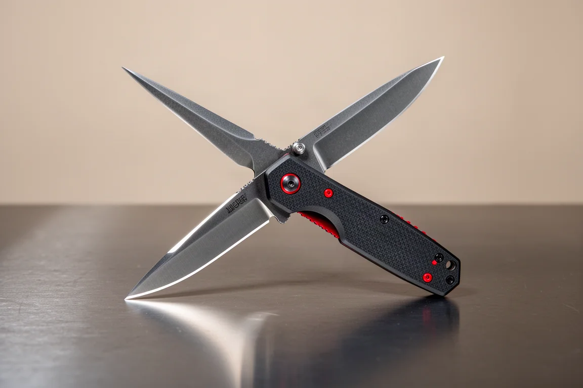 Couteau pliant à lame harpoon avec accents rouges, ouvert sur une surface d'acier sombre