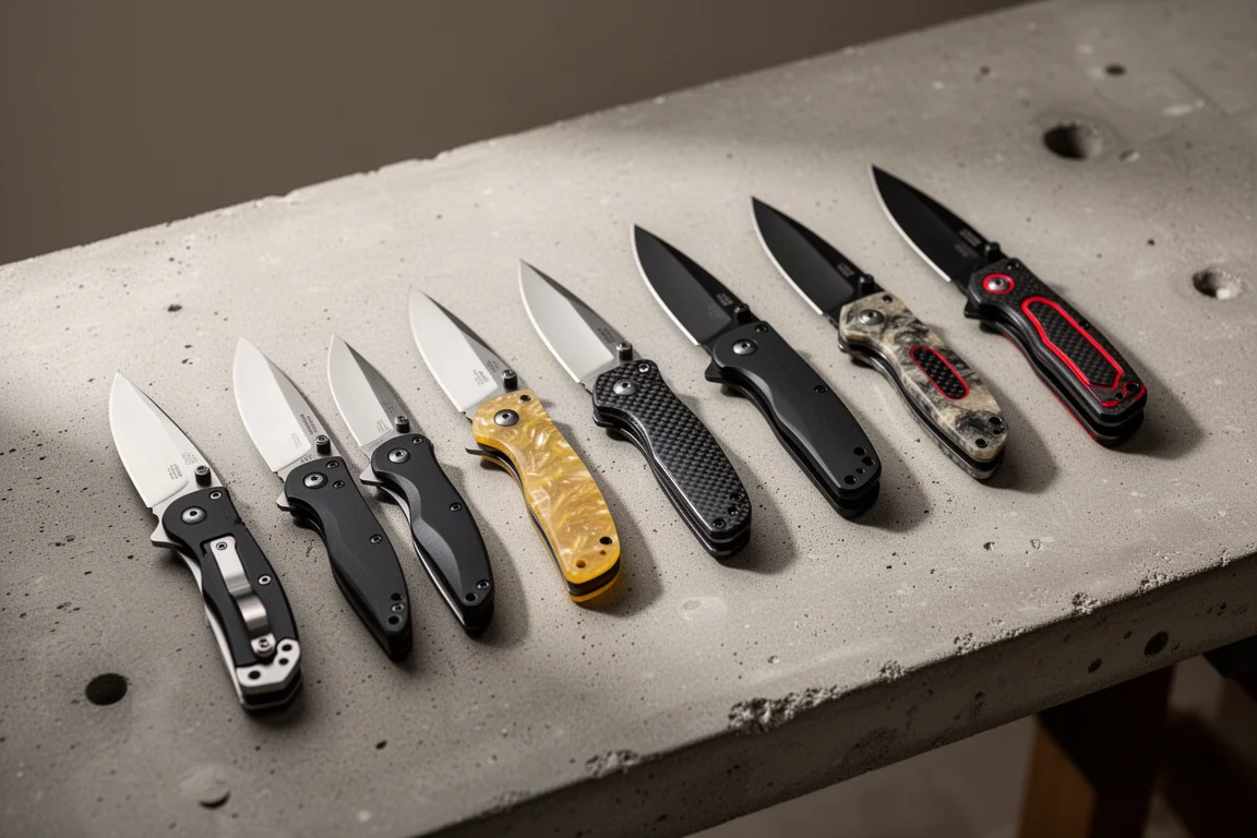 Ten folding pocket knives from various tool brands lined up on a concrete workbench