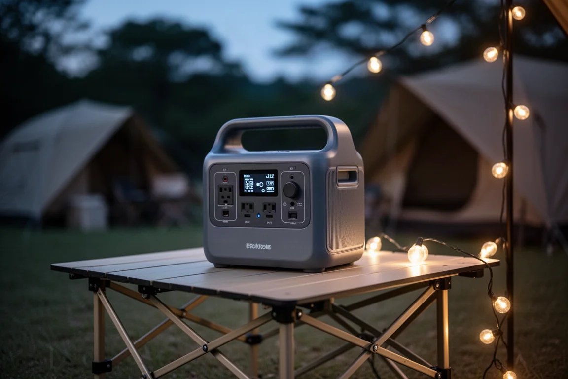 Garten-Terrasse in der Abenddämmerung mit einem Gasgrill im warmen Licht
