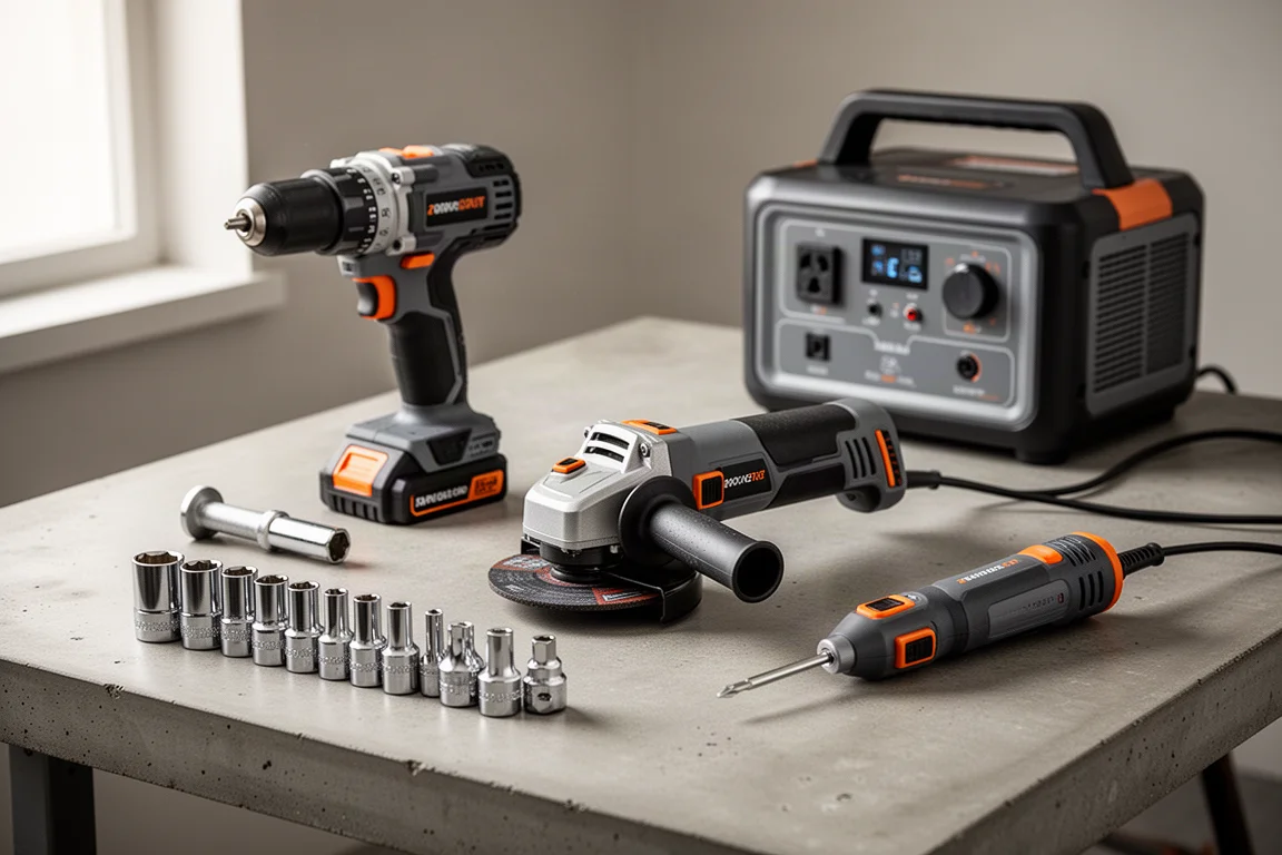 Assorted workshop tools including a table saw, impact driver, and hammer on a concrete workbench