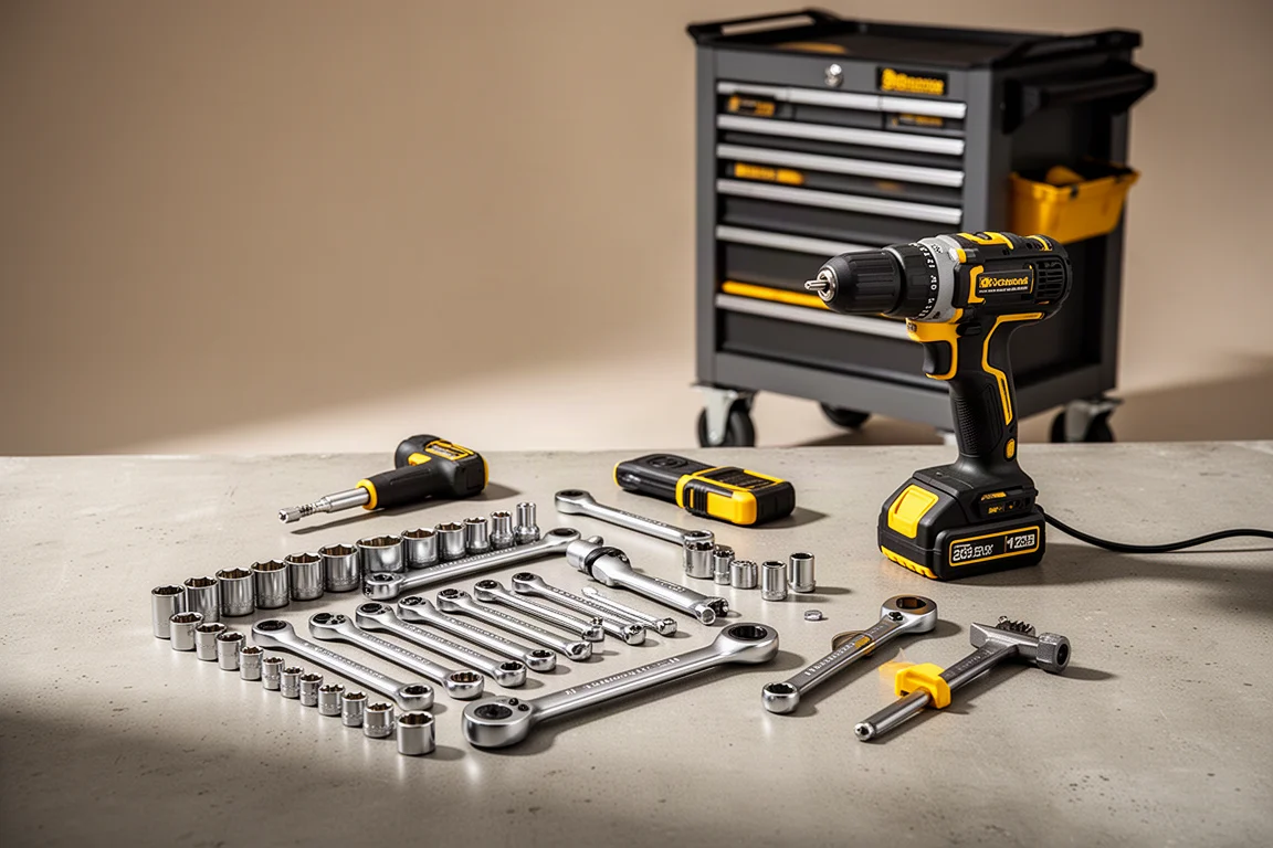 Workshop tool collection including sockets, ratchets, and a cordless drill on concrete