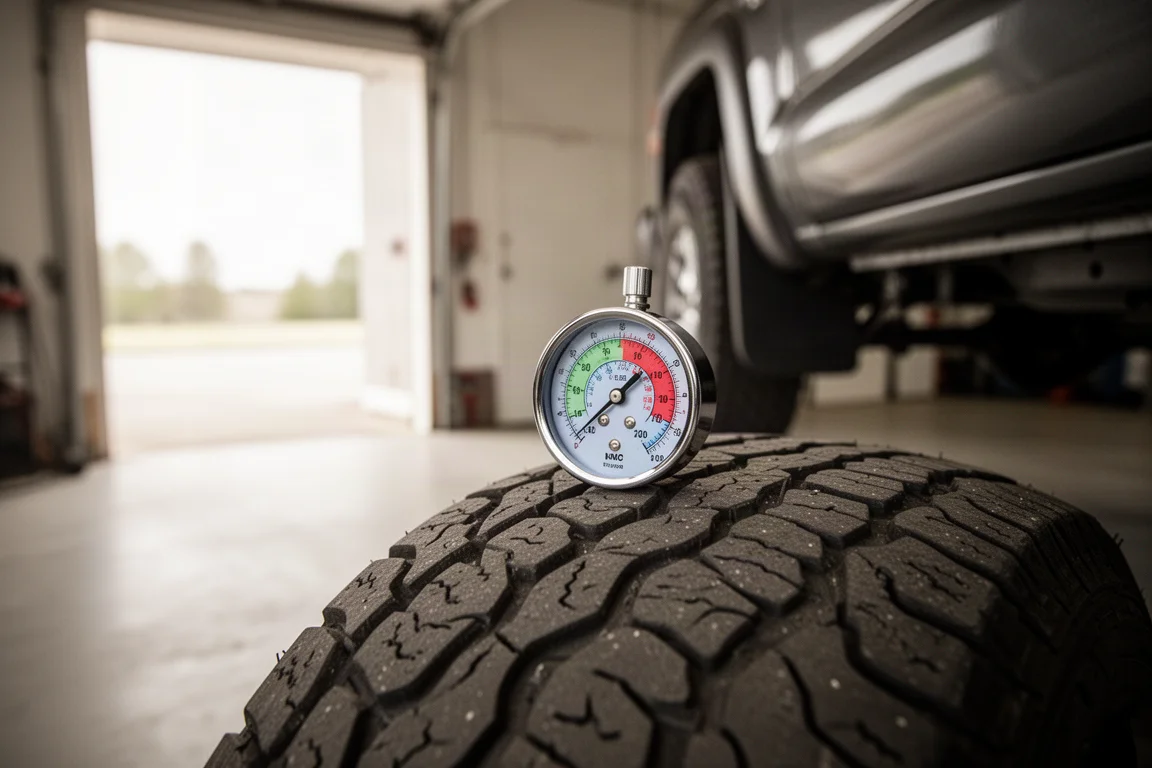 Analog tire pressure gauge resting on the tread of a pickup truck tire