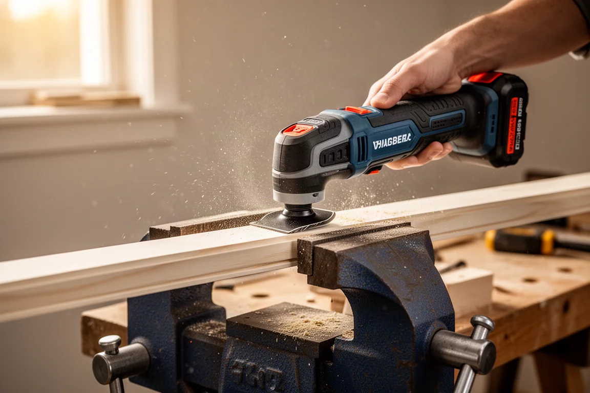 Cordless multi-tool cutting a piece of trim clamped to a workbench