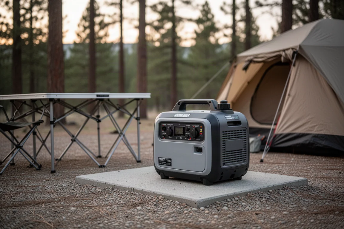 Quiet inverter generator on a gravel campsite with a tent in the background