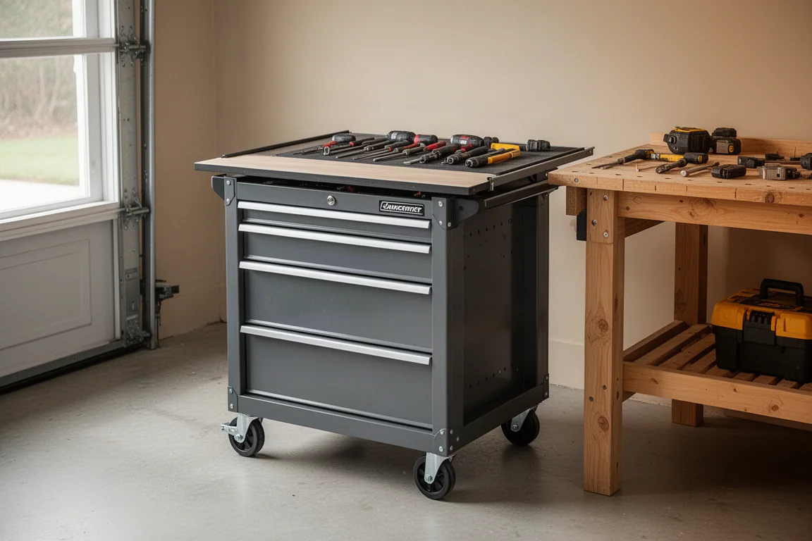 Sliding-top tool cart parked beside a workbench in a tidy garage