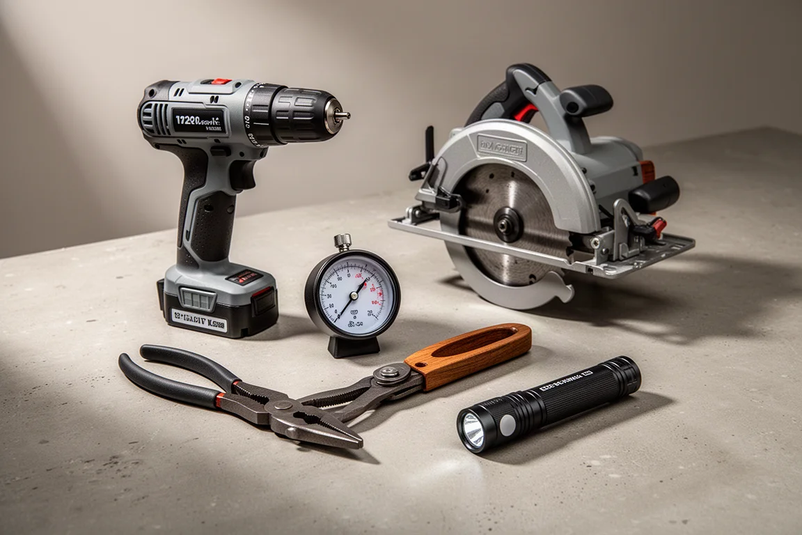 Workshop tool collection including drill, pliers, gauge, and flashlight on concrete