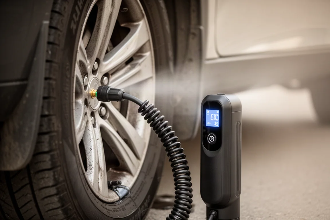 Compact tire inflator connected to a car wheel with hose and digital display visible