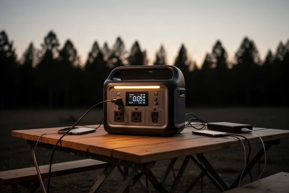 Portable power station charging devices on a camp table at dusk