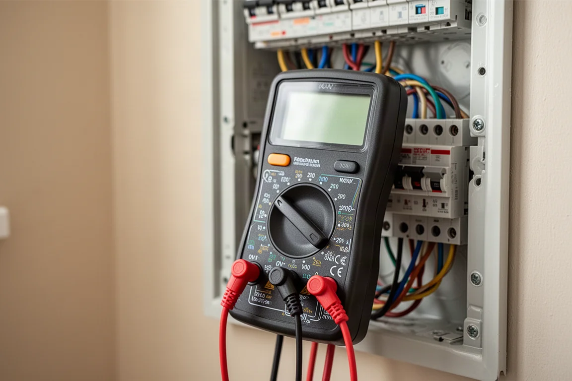 Compact digital multimeter probing wiring inside an open electrical panel