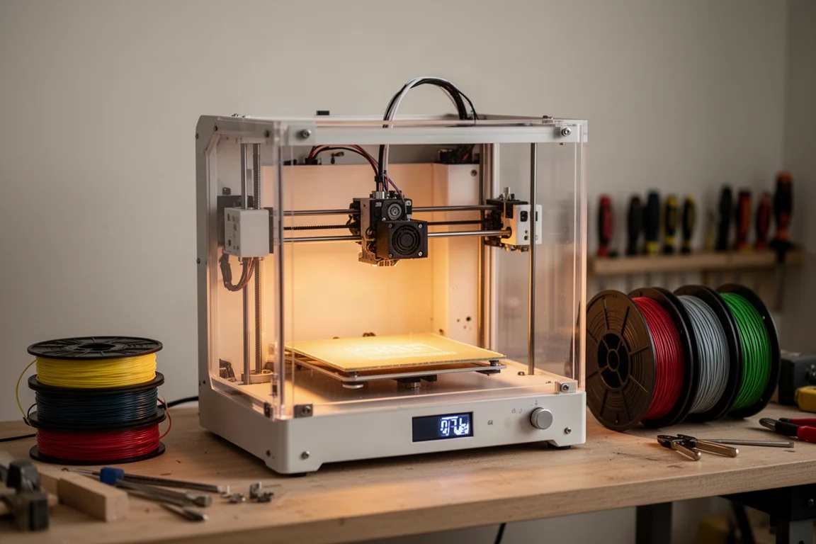 Desktop 3D printer mid-print in a tidy home workshop