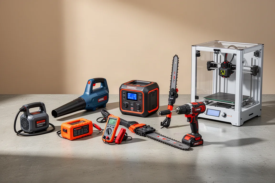 Lineup of eight workshop tools including inflator, blower, power station, pole saw, jump starter, multimeter, drill system, and 3D printer
