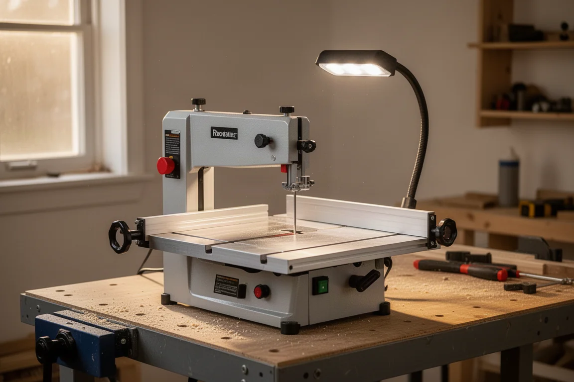 Sierra de cinta de banco sobre una mesa de aluminio en un pequeño taller doméstico
