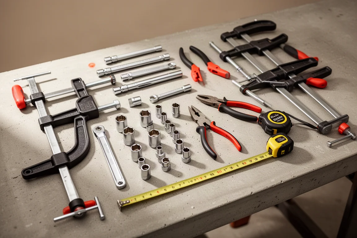 工作檯上擺滿各式手工具與夾具，在溫暖的工作室燈光下