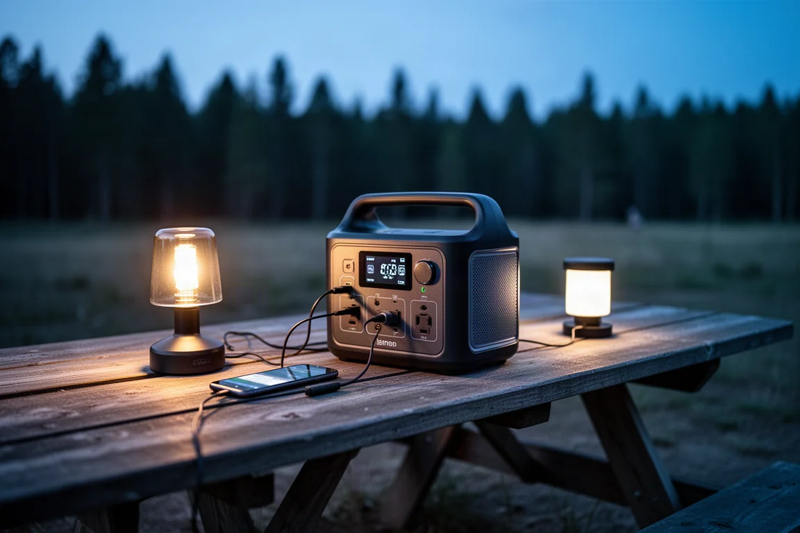 黃昏時分行動電源站在露營桌上充電