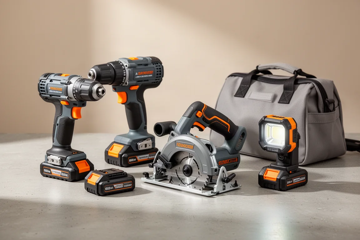 Assorted cordless power tools, batteries, and tool bag on a concrete surface