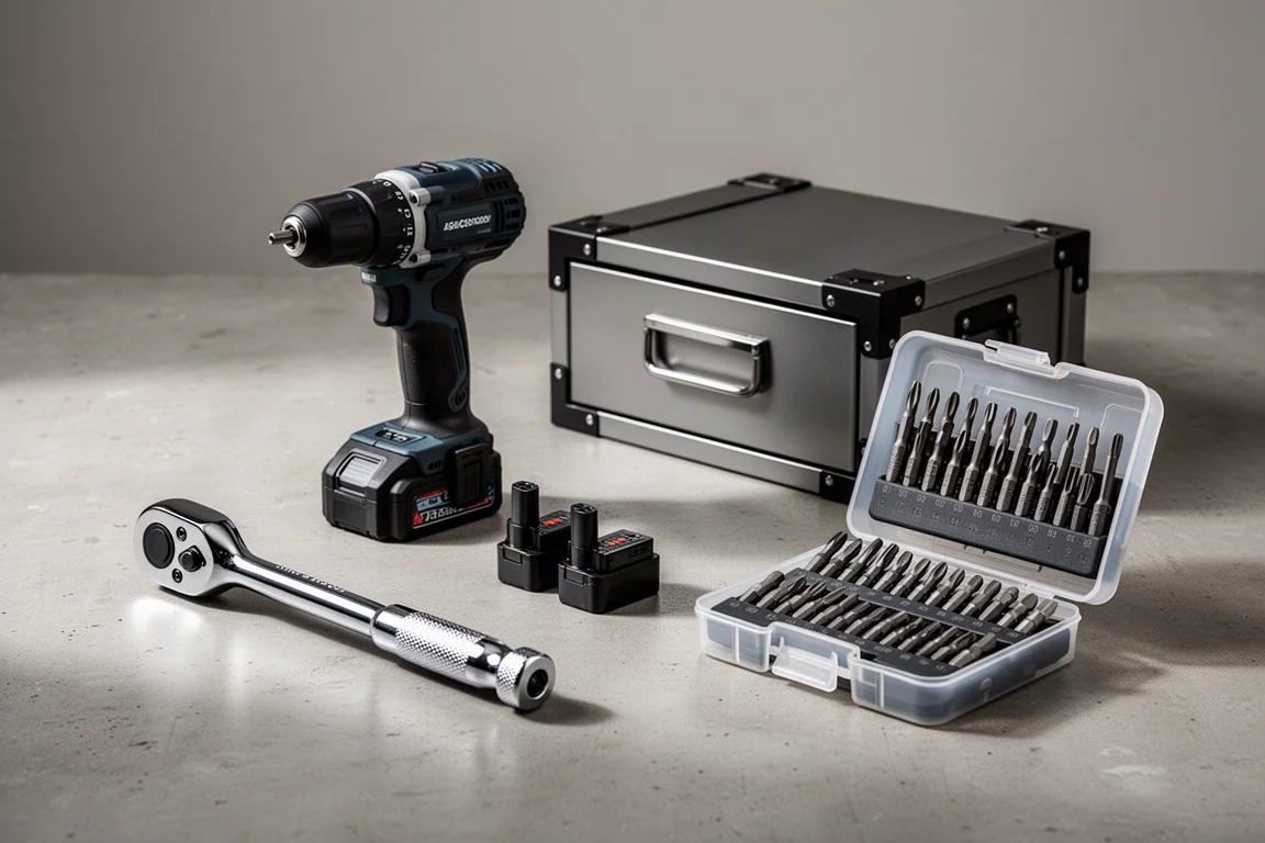 Ratchet, compact drill kit, storage box and bit set arranged on a concrete surface
