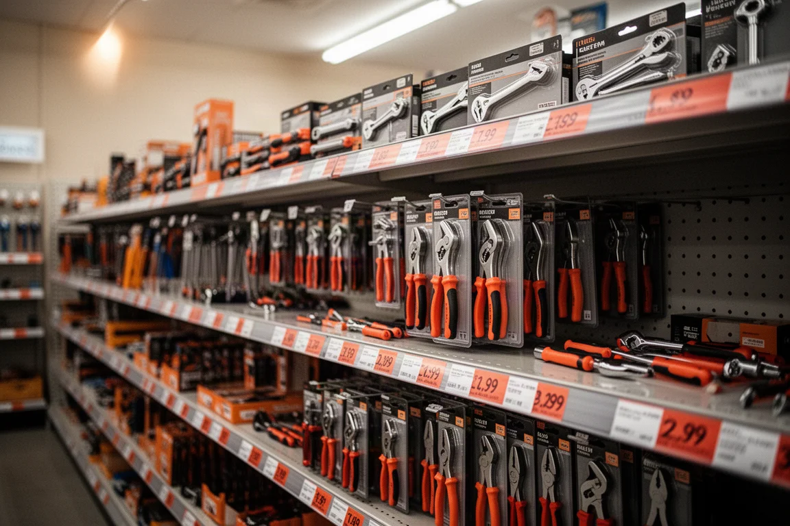 Werkzeugabteilung in einem Baumarkt mit rabattierten Preisschildern im Regal